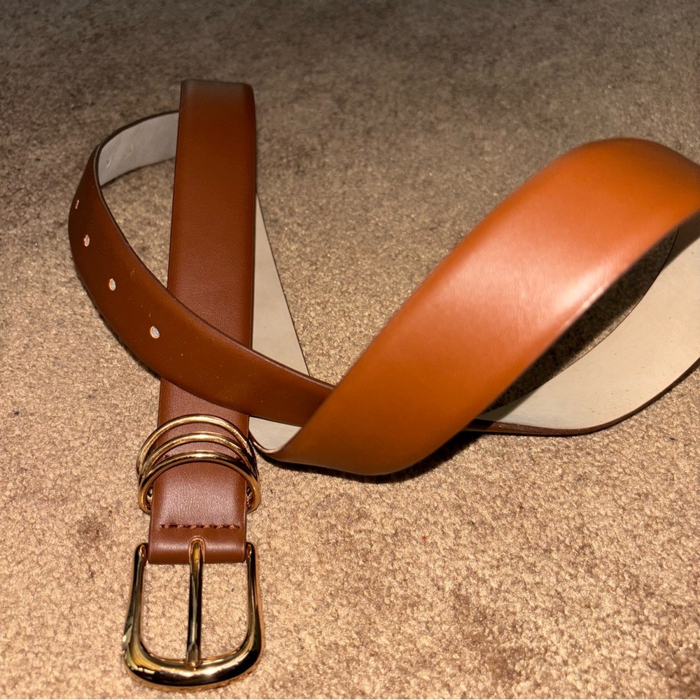 RISANTRY Classic Brown Man Made Belt with Three Gold Rings Size XL